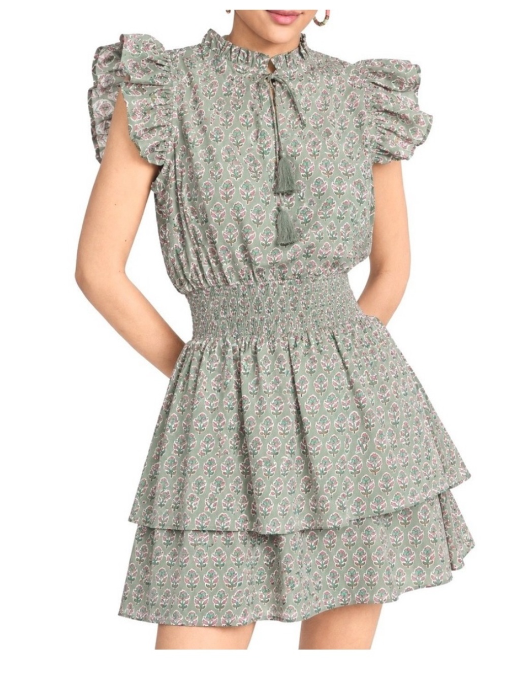 Marea by Liz Joy Sarah Flutter Sleeve Mini Dress Green Block Print Medium